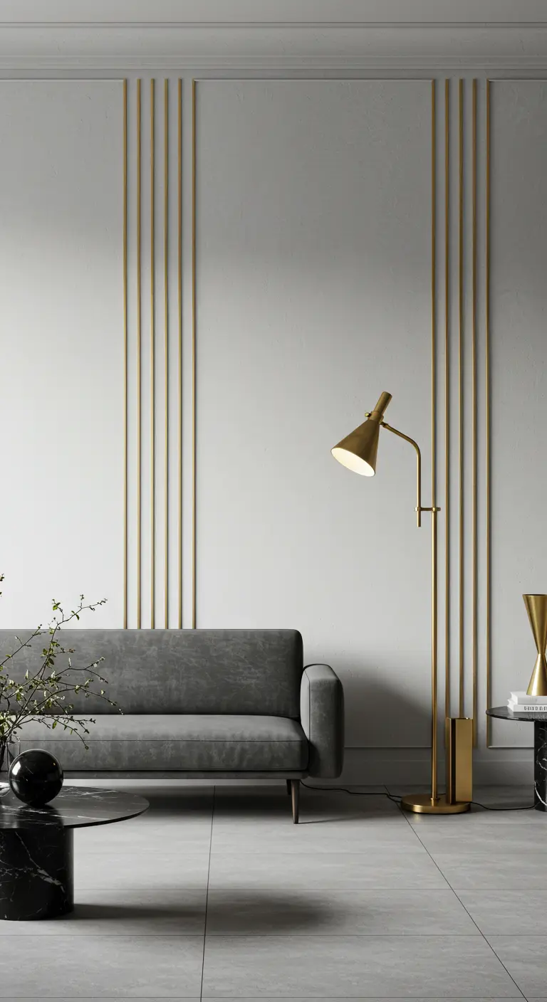Minimalistische Art Deco woonkamer met verticale messing strips en grijze bank.