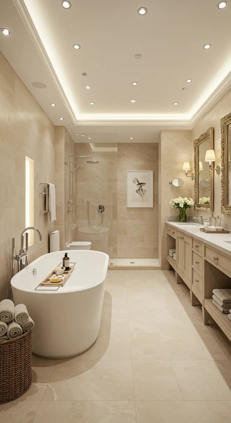 Luxe beige badkamer met vrijstaand bad en indirecte verlichting.