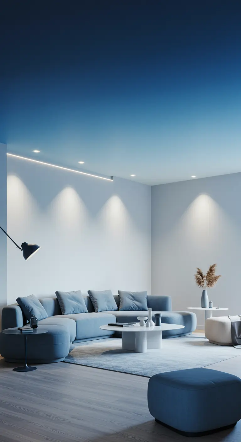 Witte woonkamer met een plafond dat een kleurverloop heeft van donkerblauw naar wit.