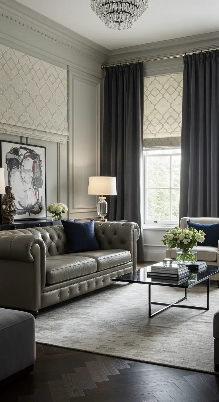 Klassiek-moderne woonkamer met grijze muren en vouwgordijnen met licht patroon.