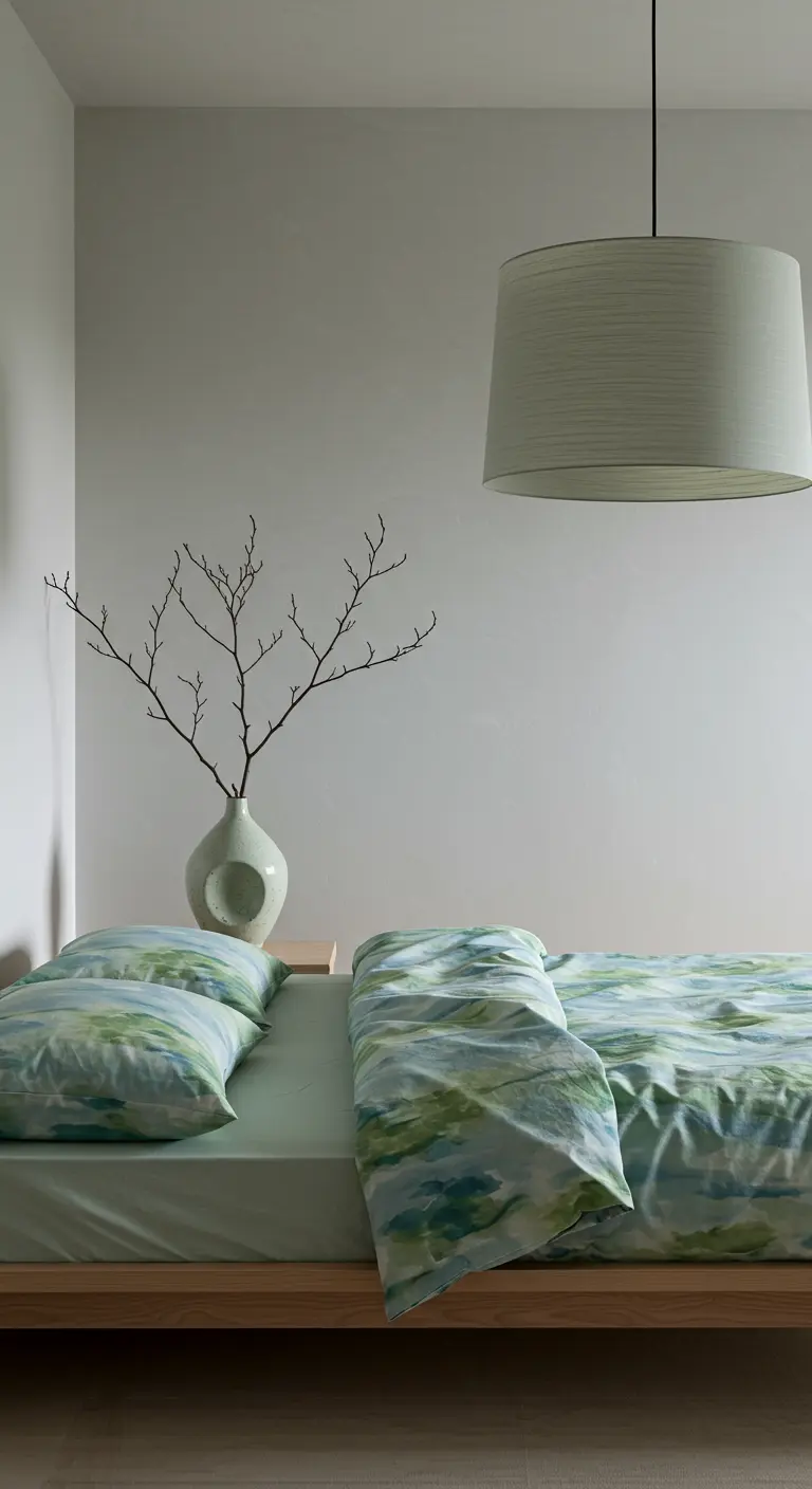 Japandi slaapkamer met laag houten bed, geprint beddengoed, ronde lampenkap en takken in vaas.