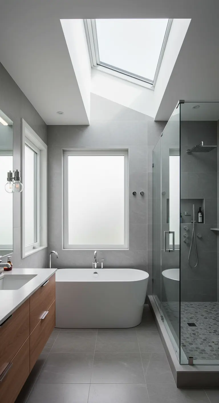 Moderne badkamer met matglas ramen, lichtkoepel en vrijstaand ligbad.