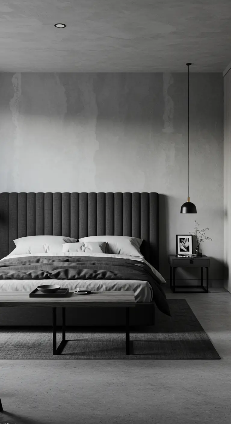 Minimalistische slaapkamer met grijs geribbeld stoffen hoofdbord en neutrale tinten.