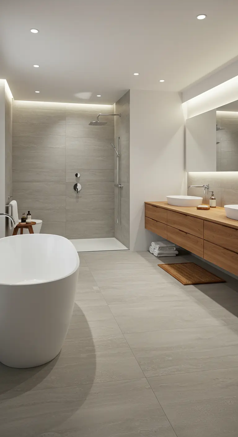 Lichte, serene badkamer met grote beige vloertegels en houten meubel.