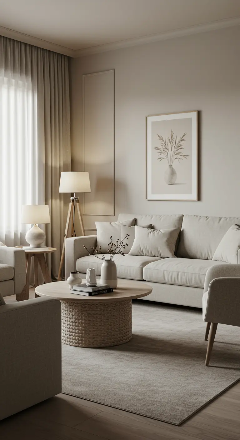 Zachte greige woonkamer met ronde salontafel, comfortabele bank en neutrale decoratie.