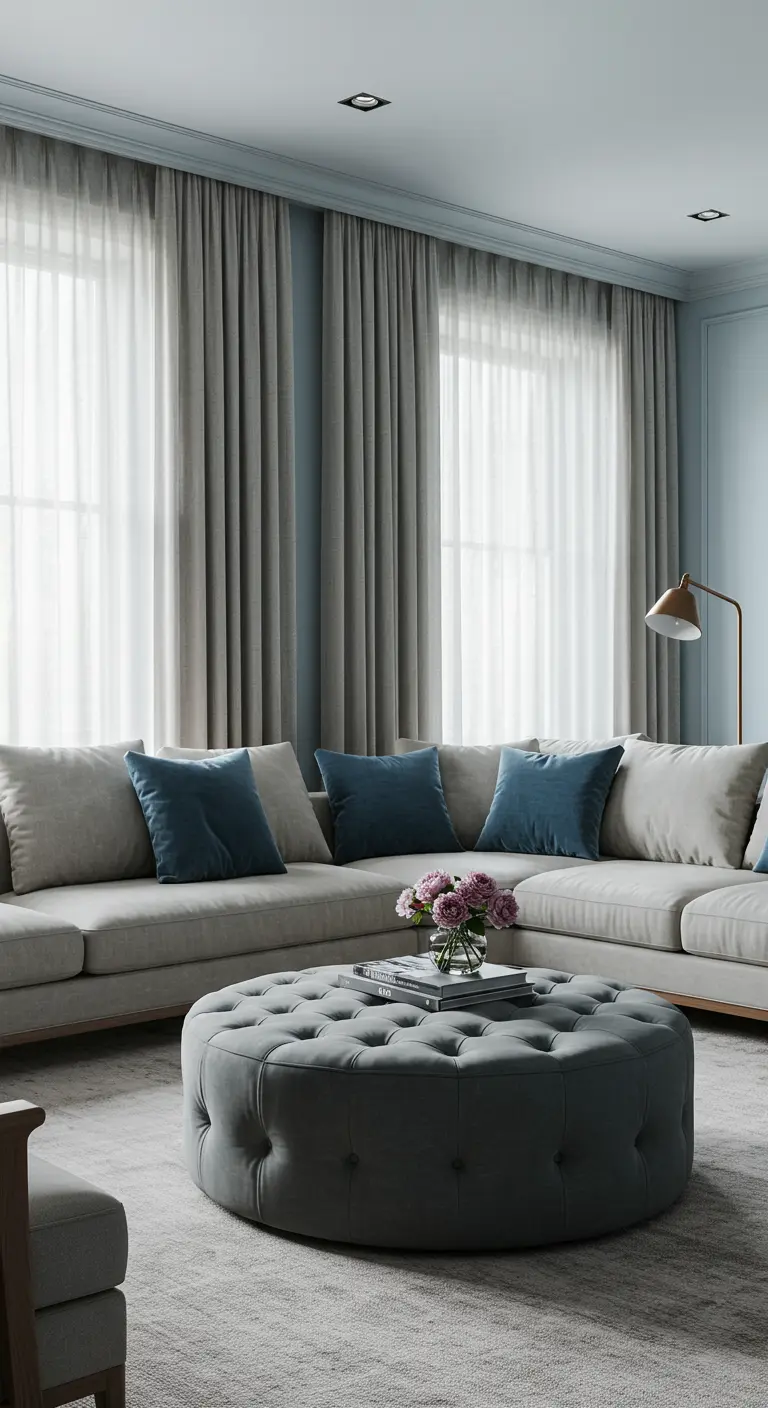 Lichte woonkamer met grijze hoekbank, blauwe fluwelen kussens en een ronde poef.