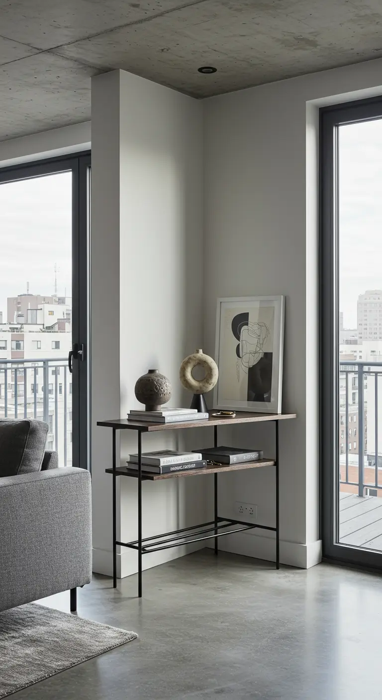 Minimalistische console tafel in een hoek met zorgvuldig gestylde objecten en kunst aan de muur.