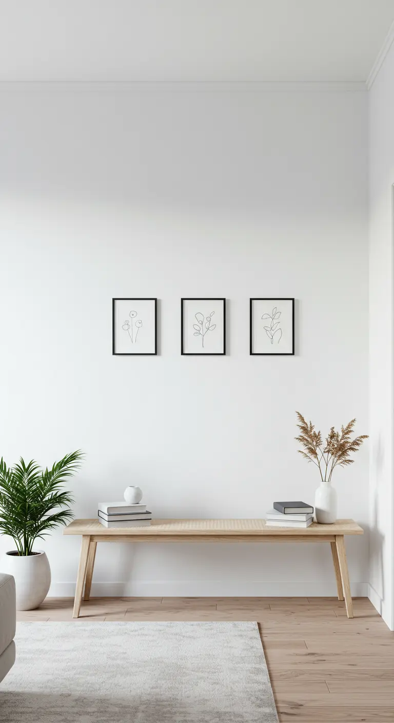 Drie minimalistische lijntekeningen in zwarte lijsten boven een houten bankje in een witte hal.