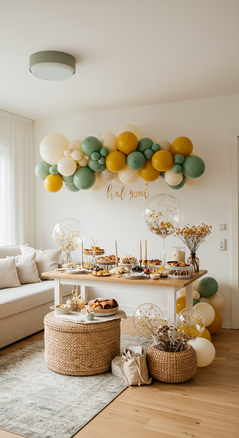 Horizontale ballonnenslinger in zachte kleuren boven een desserttafel.