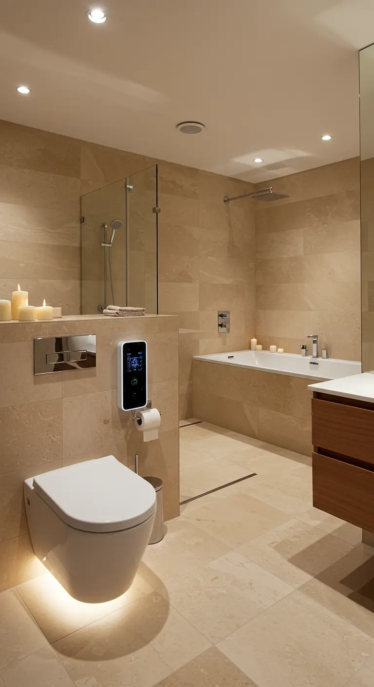 Modern hangtoilet met sfeervolle verlichting eronder in een beige badkamer.