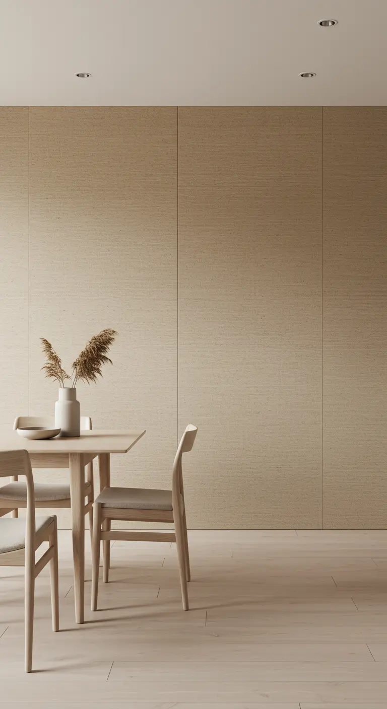 Minimalistische eetkamer met beige wandpanelen met textuur.
