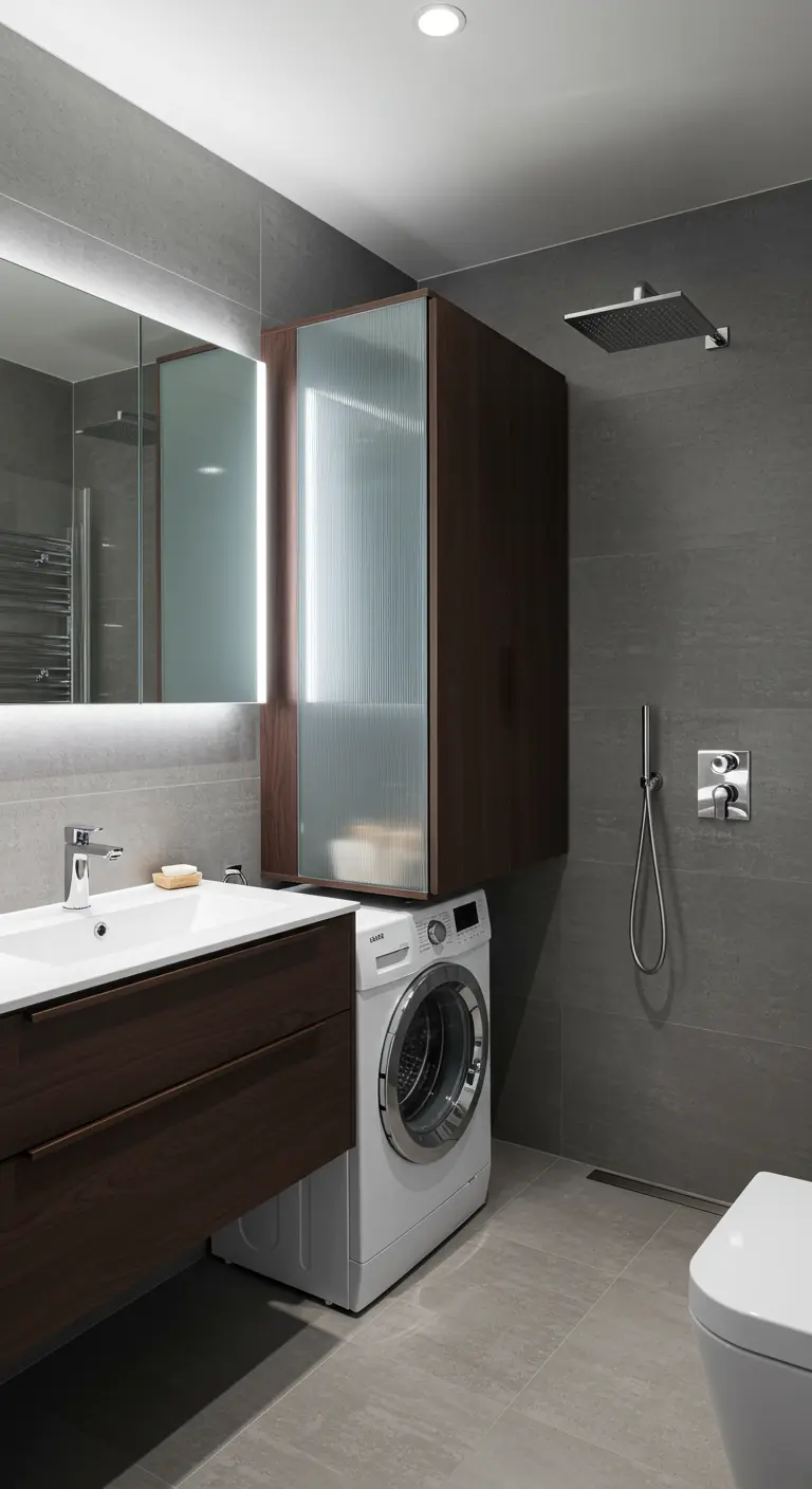 Wasmachine onder donkerhouten meubel, bovenkast met geribbeld glas in moderne badkamer.