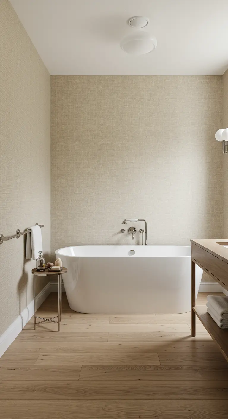 Minimalistische badkamer met beige textielbehang, vrijstaand bad en houten vloer.