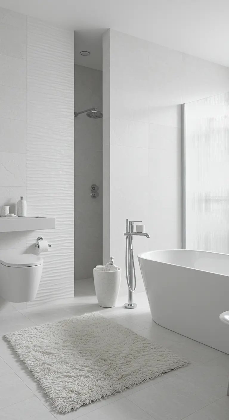 Witte badkamer met golvende 3D-tegels op de muur en een zacht wit kleed.