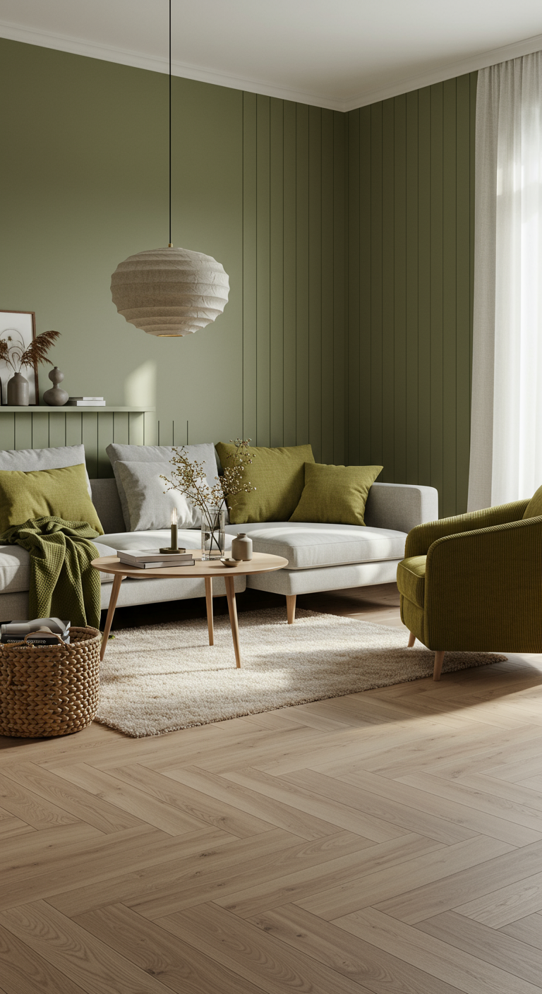 Moderne woonkamer met olijfgroene houten lattenwand en lichte bank.