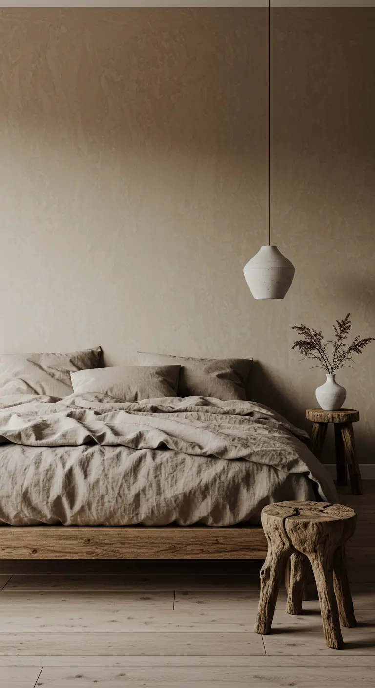 Slaapkamer met beige textuurmuur en hanglamp naast bed.