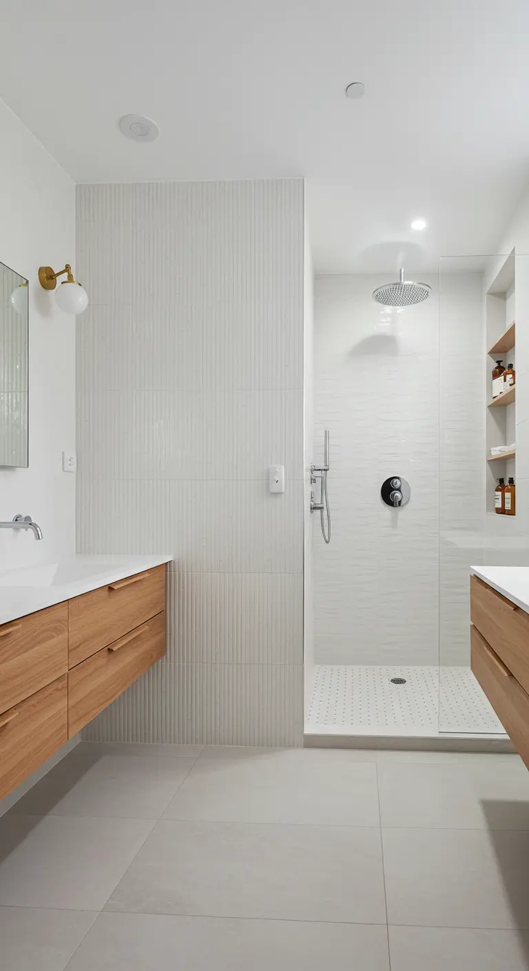 Witte badkamer met verticale ribbeltegels in de douche en houten wastafelmeubel.
