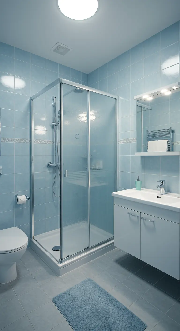 Blauwe badkamer met standaard douchecabine met schuifdeuren en chromen frame.
