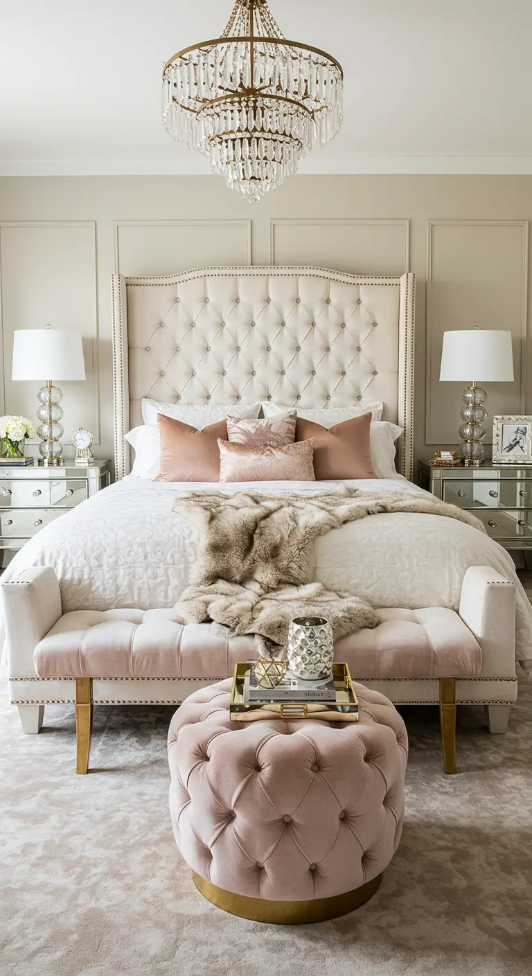 Luxe logeerkamer met gecapitonneerd hoofdbord, fluwelen bankje en kroonluchter.