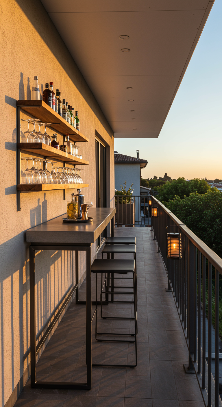 Smal balkon met bartafel, barkrukken en planken met drankflessen, bij zonsondergang.
