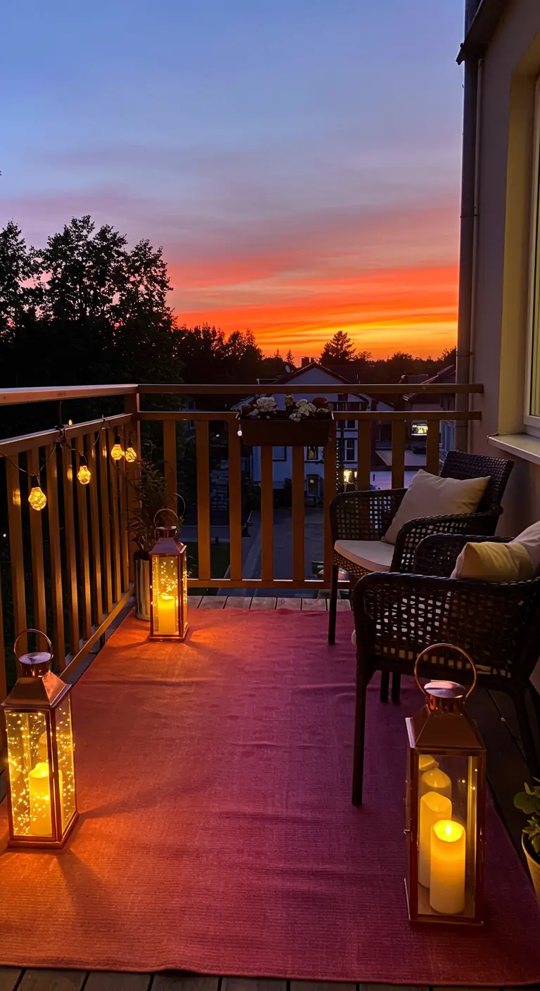 Balkon met felroze buitenkleed en lantaarns bij zonsondergang.