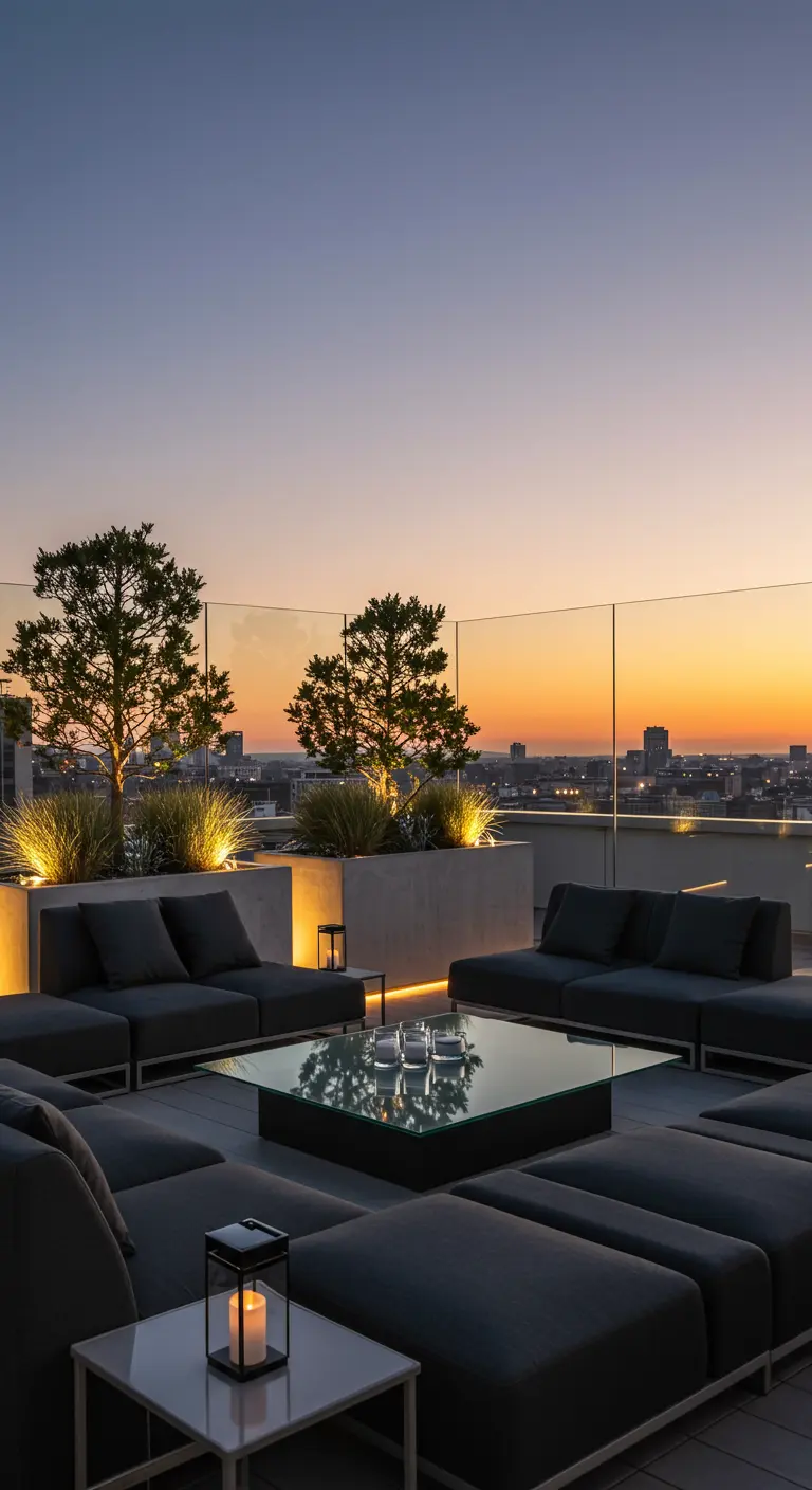 Dakterras met glazen balustrade, donkere loungeset en sfeerverlichting bij zonsondergang.