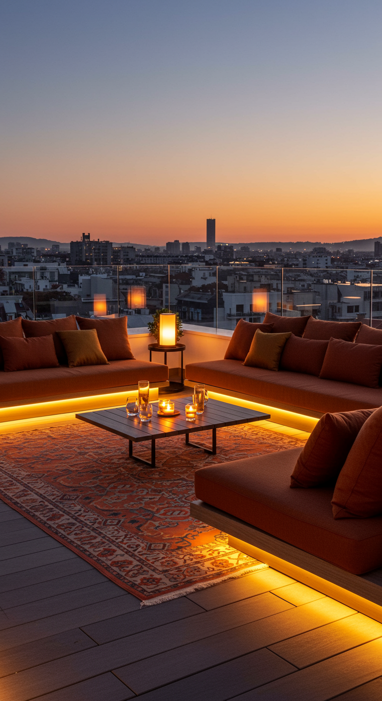 Dakterras met oranje loungebanken, LED-strips en Perzisch tapijt bij zonsondergang.