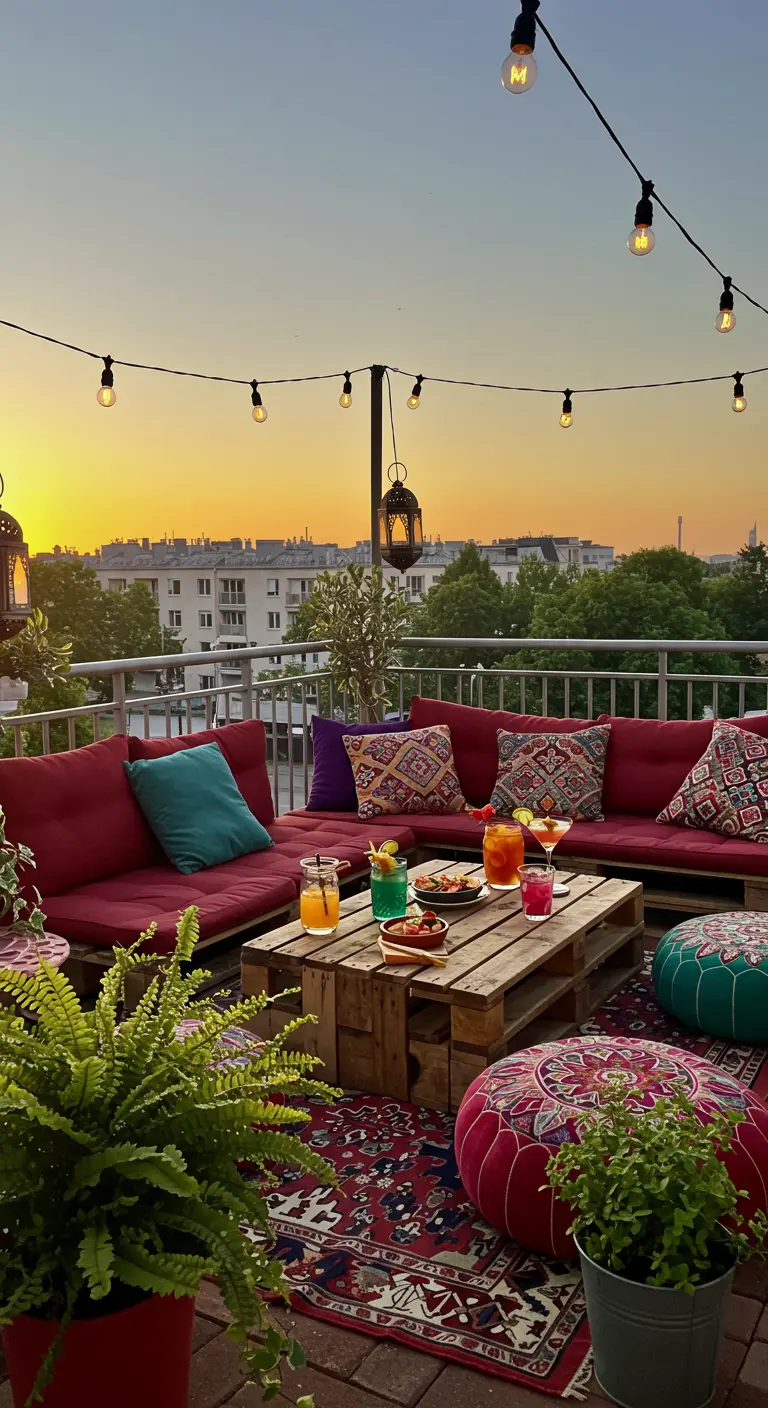 Balkon met palletbank, rode kussens, oosterse poefs en lichtslinger bij zonsondergang.