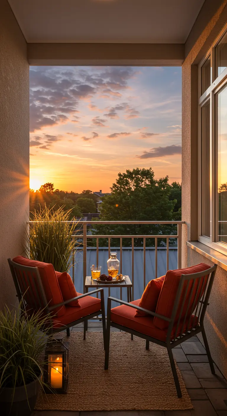 Twee loungestoelen met oranje kussens en een tafeltje, gericht op een prachtige zonsondergang.