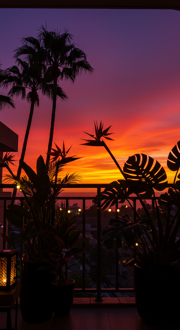 Silhouetten van tropische planten zoals palmen en Monstera tegen een dramatische zonsondergang.