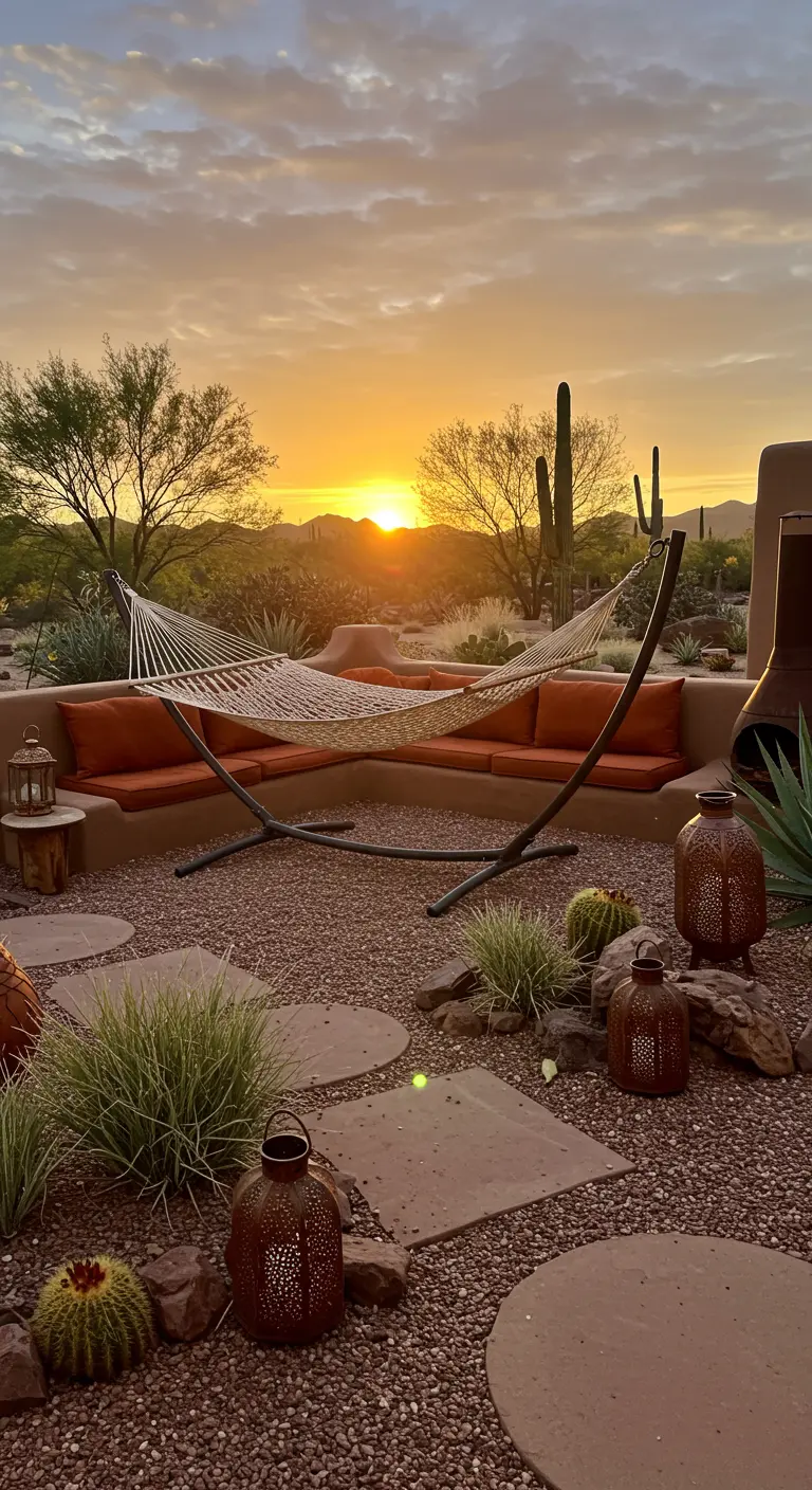 Hangmat op standaard in woestijnachtige setting met hoekbank, lantaarns en cactussen bij zonsondergang.