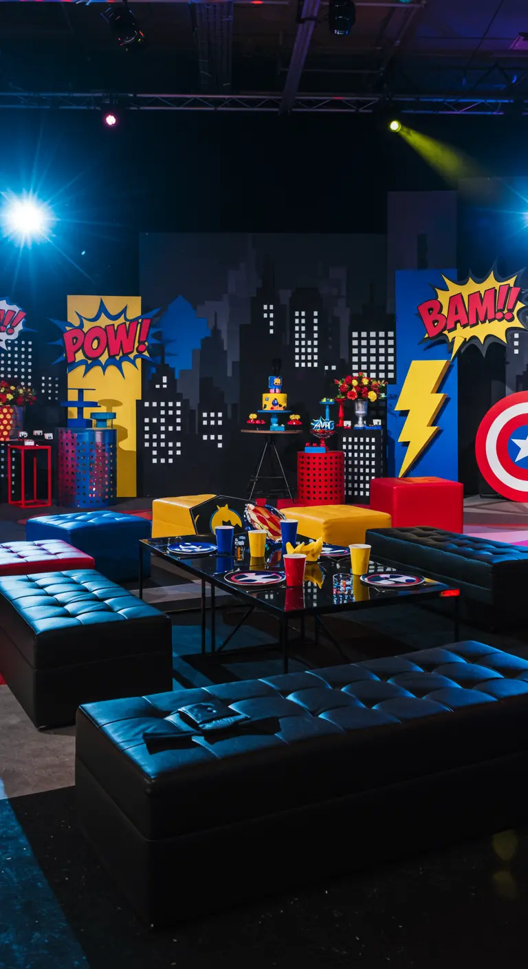 Superhelden thema kinderverjaardag met stadsdecor en felle kleuren.