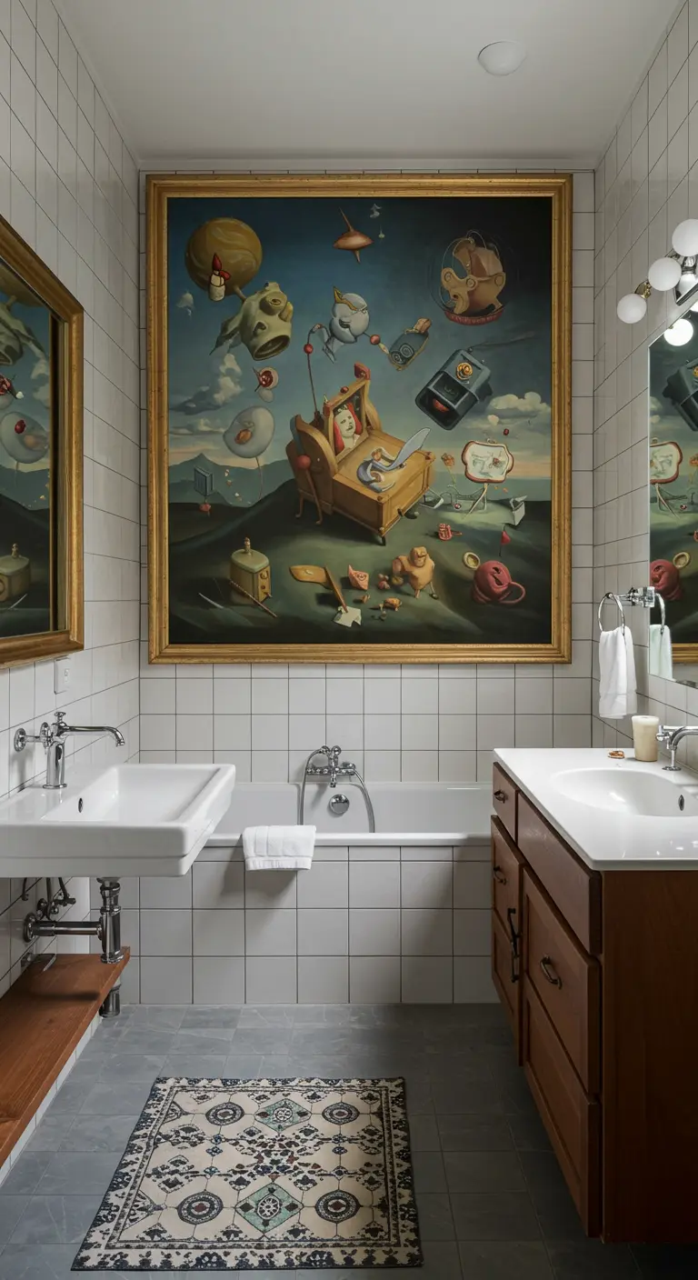 Klassieke badkamer met witte tegels en een groot, surrealistisch schilderij met vliegende objecten.