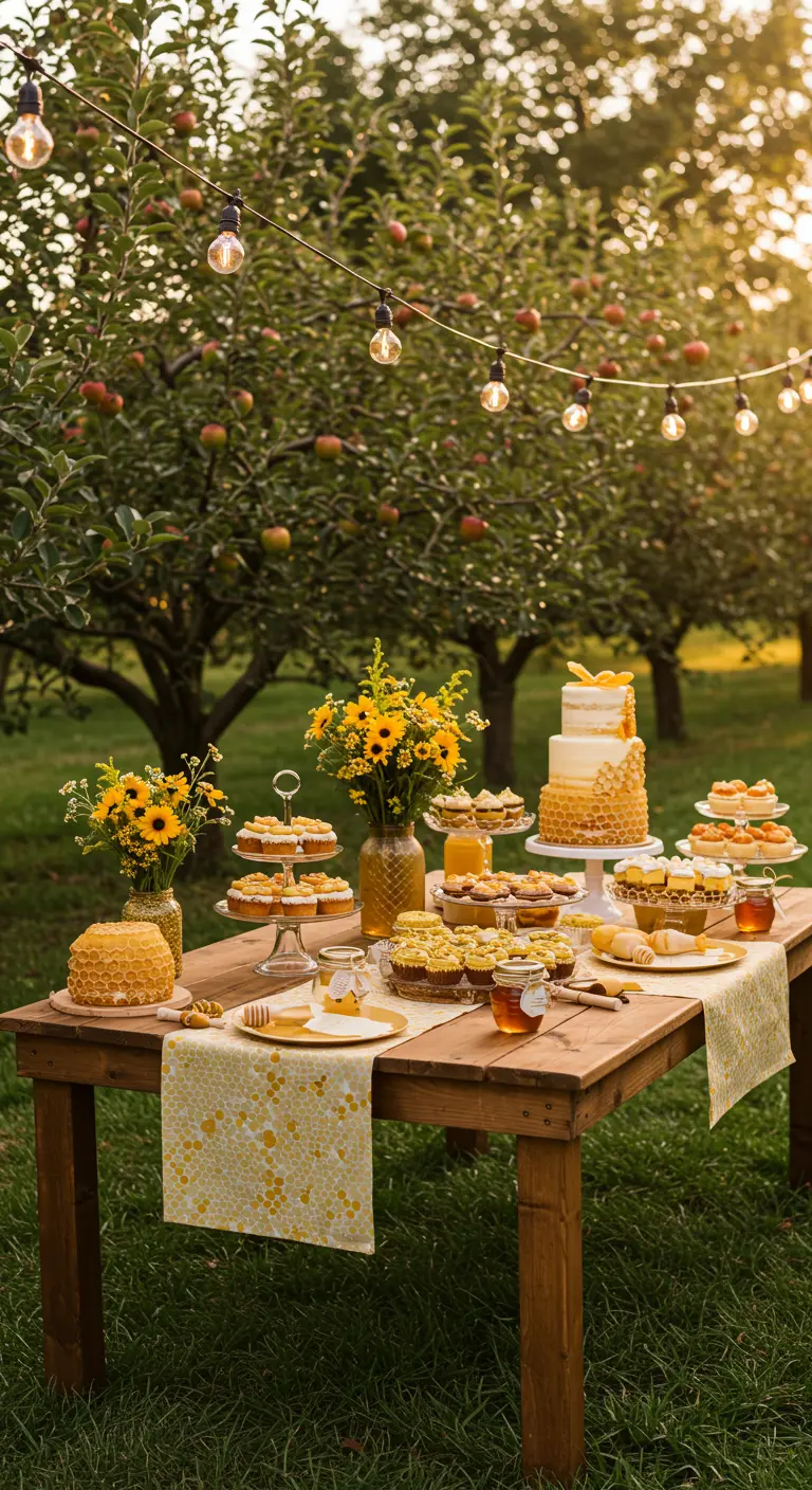 Gender reveal met honing/bijenthema, sweet table in boomgaard met lichtslingers.