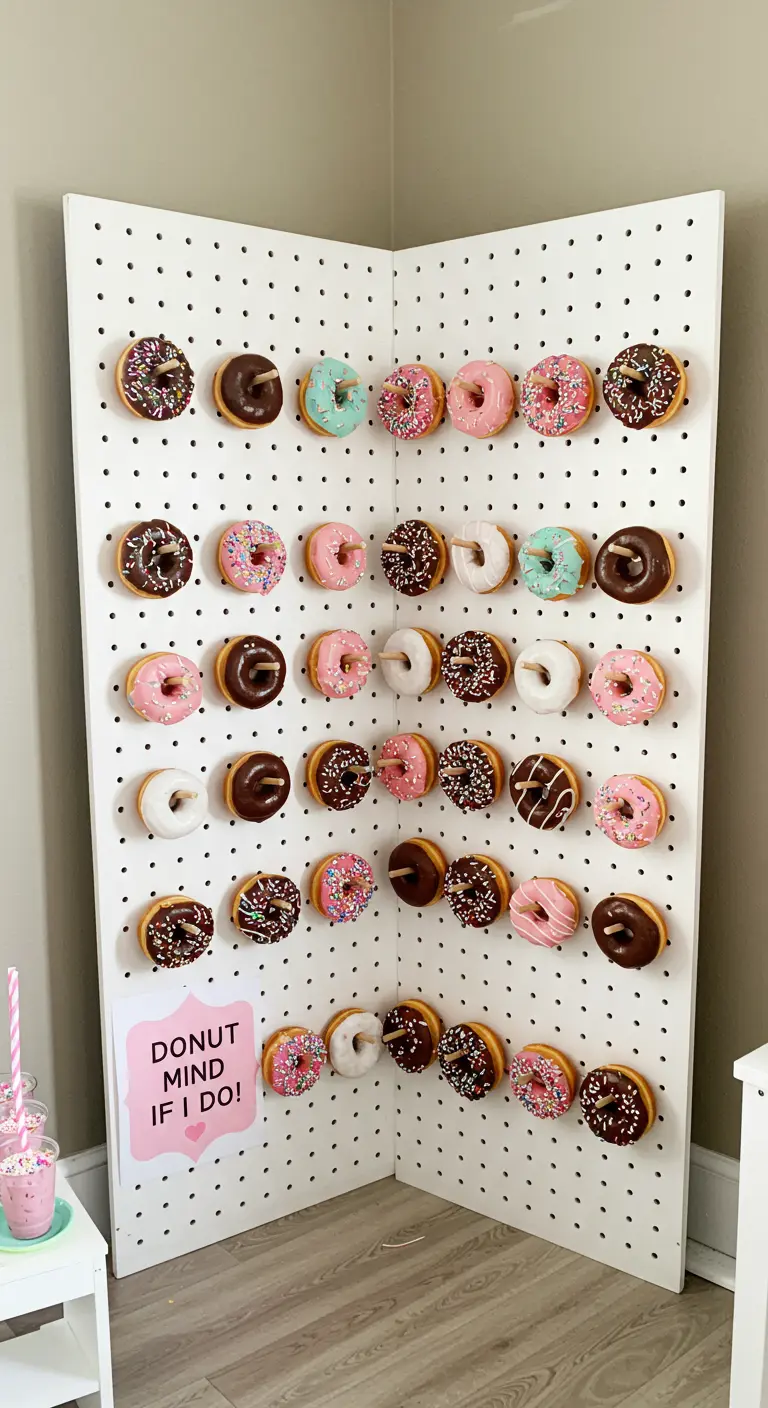 Witte donut wall met verschillende soorten donuts en een bordje 'Donut mind if I do!'.