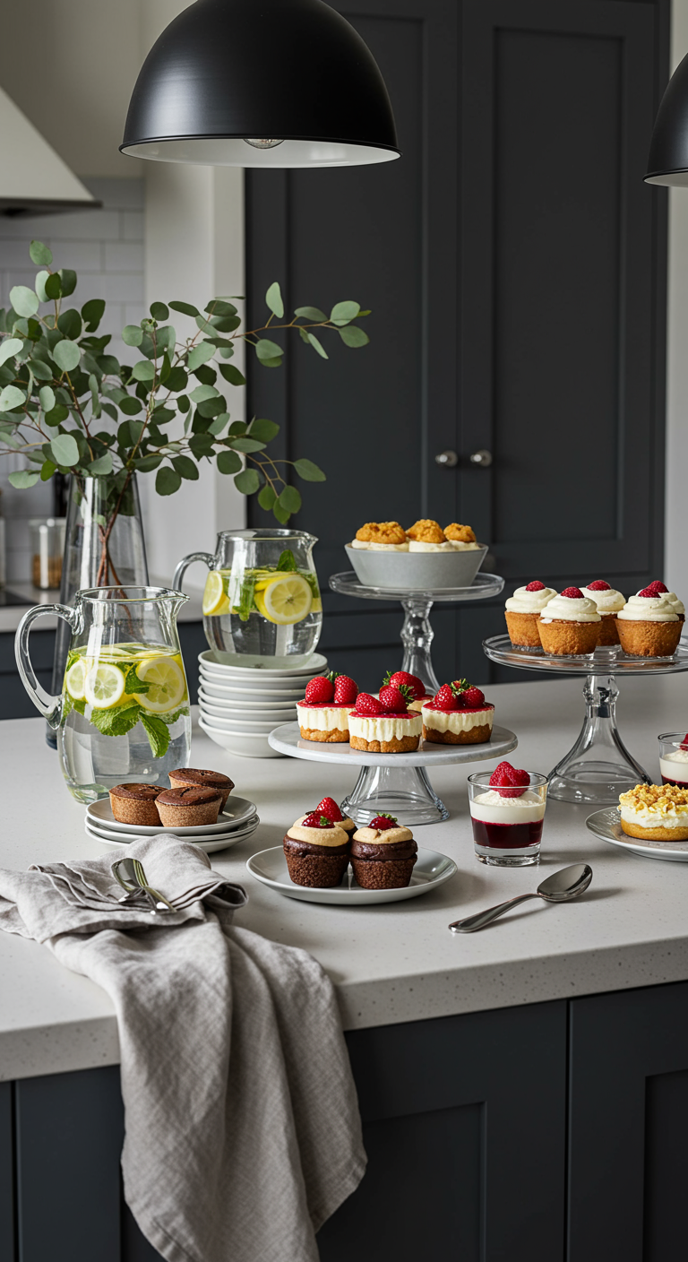 Desserttafel met taartjes en drankjes op verschillende hoogtes gepresenteerd.