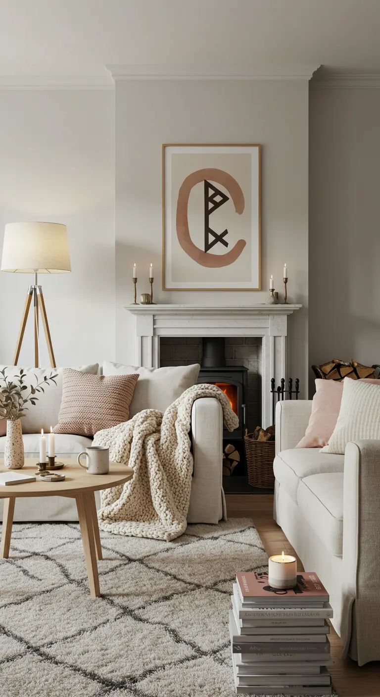 Scandinavische woonkamer met haard en een grote print met een abstract symbool.