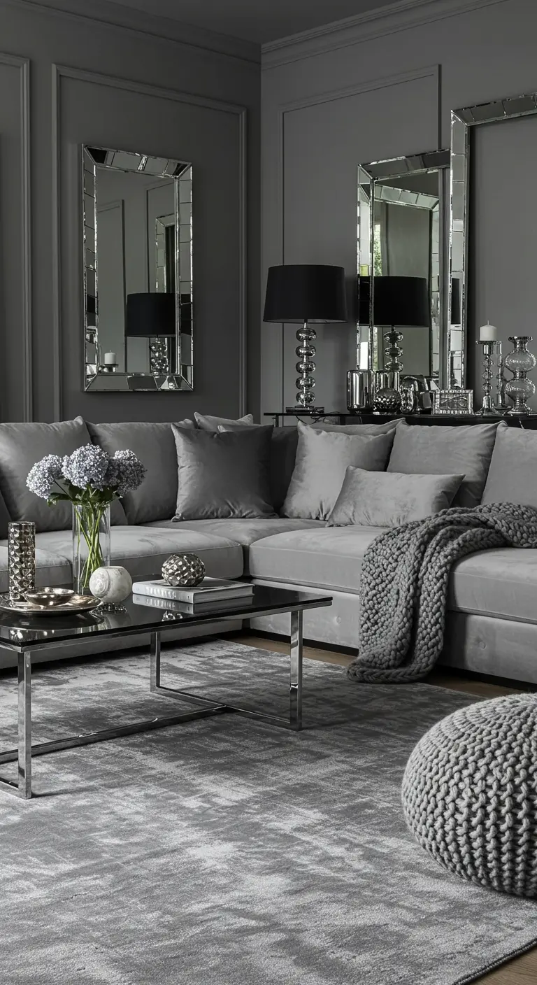 Grijze hoekbank in monochroom interieur met spiegels en verschillende grijstinten.