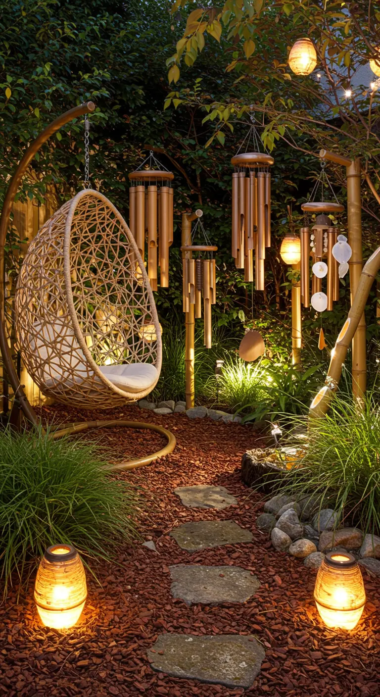 Rotan hangstoel in tuin met bamboe windgongen en sfeervolle avondverlichting.