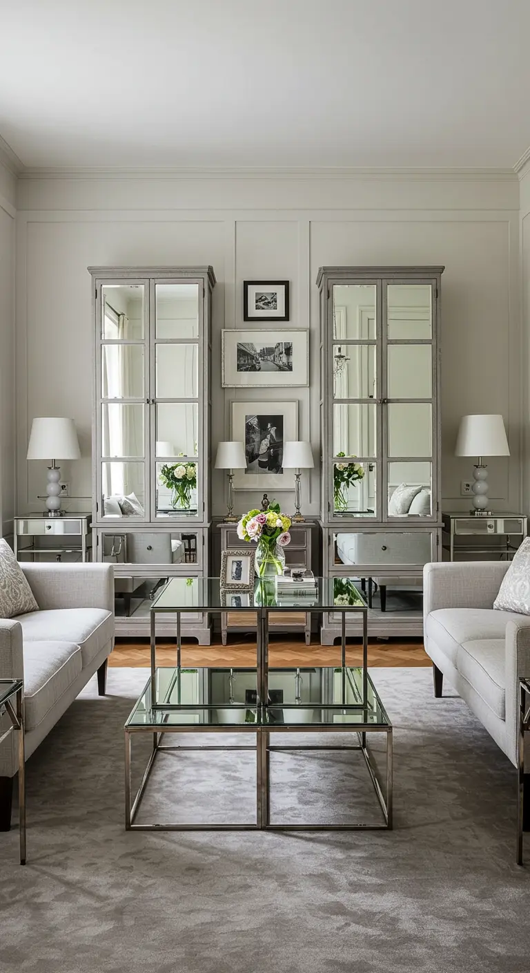 Symmetrische woonkamer met twee grijze banken, glazen salontafel en twee hoge spiegelkasten.