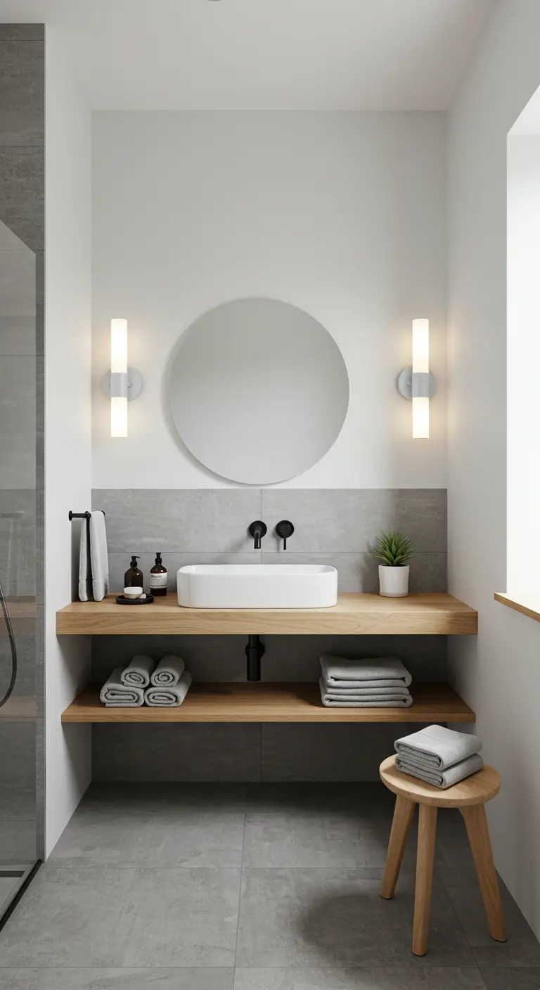 Moderne badkamer met ronde spiegel en twee verticale wandlampen.