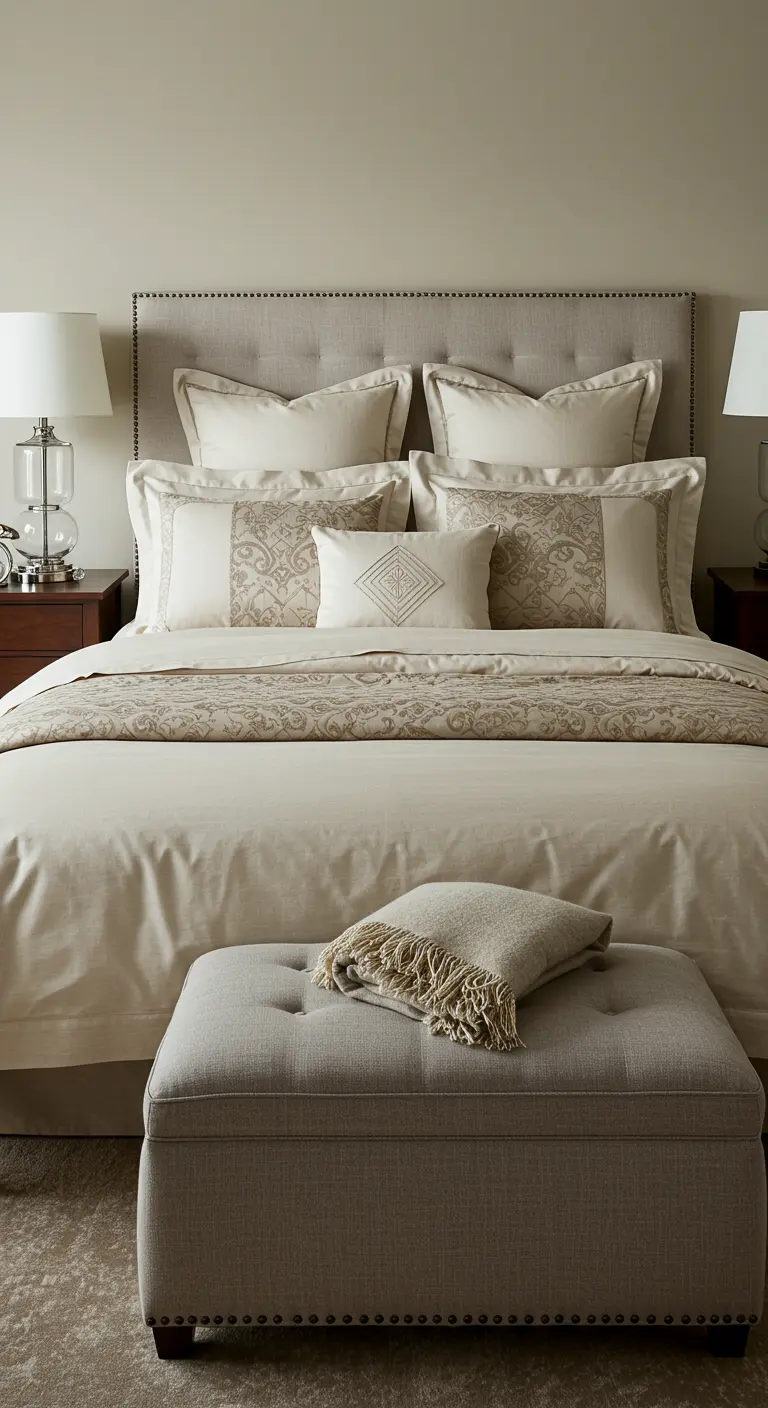 Elegant beige bed met gestoffeerd hoofdbord, symmetrische kussens en een poef aan het voeteneind.
