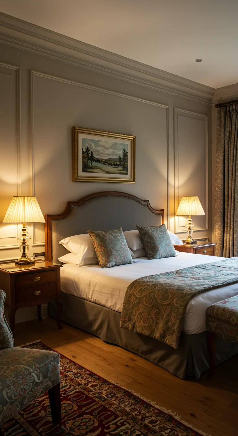 Klassiek ingerichte slaapkamer met symmetrisch geplaatste schemerlampen.