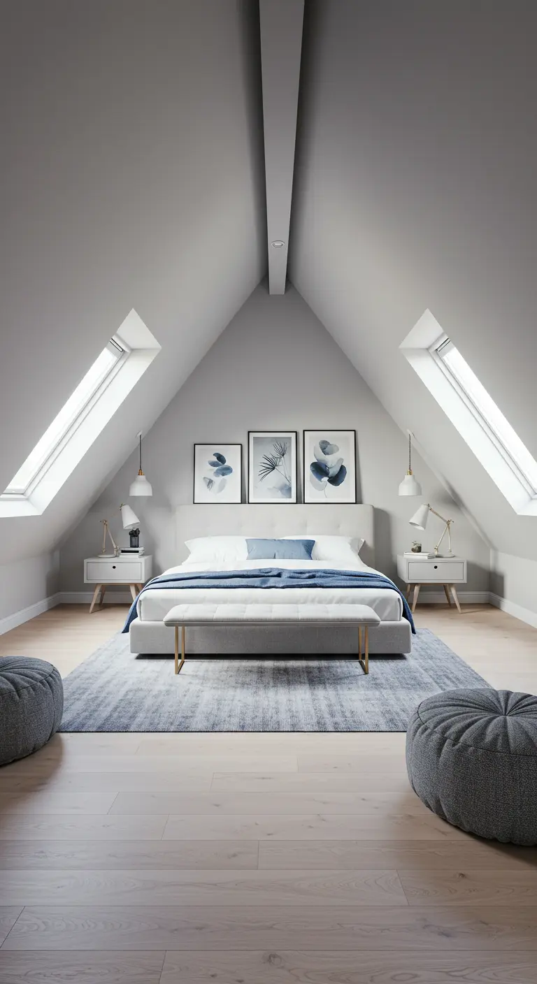 Symmetrische zolderslaapkamer met bed in het midden, twee dakramen en identieke nachtkastjes.
