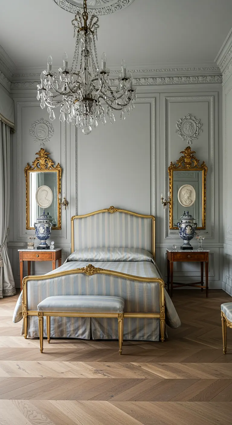 Elegante slaapkamer in grijsblauw met symmetrische opstelling, gouden spiegels en gestreept bed.
