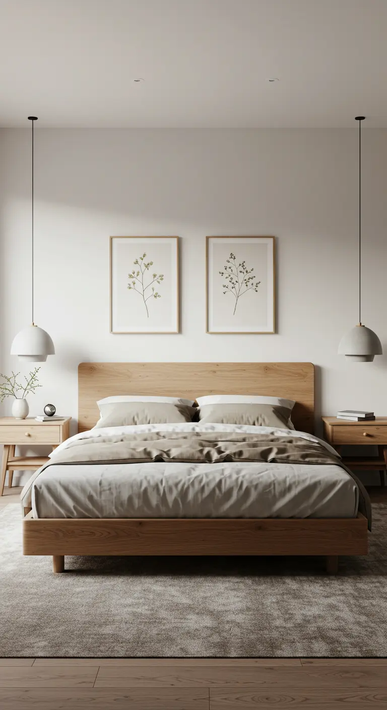 Symmetrische Japandi slaapkamer met twee hanglampen en twee botanische prints.