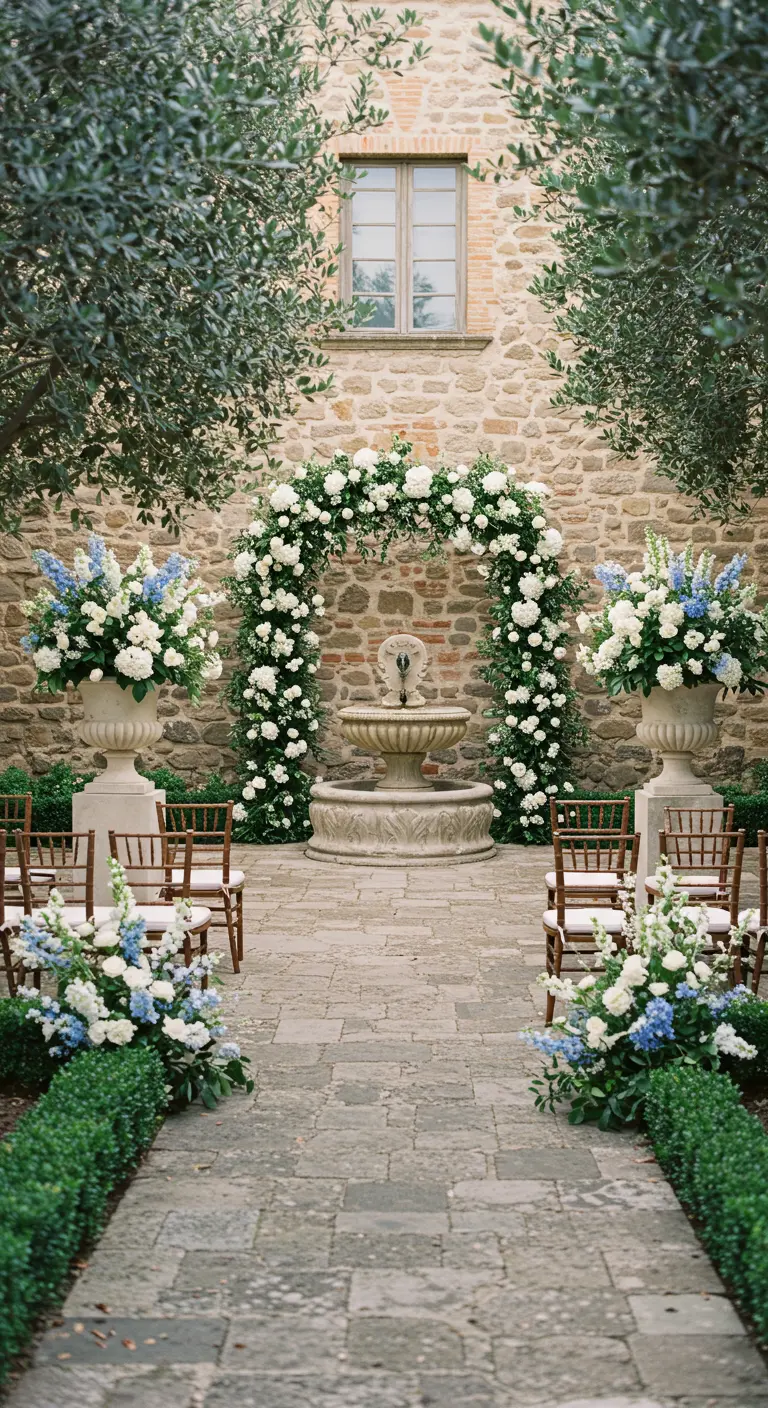Ceremonie bij fontein met bloemenboog, urnen en houten stoelen