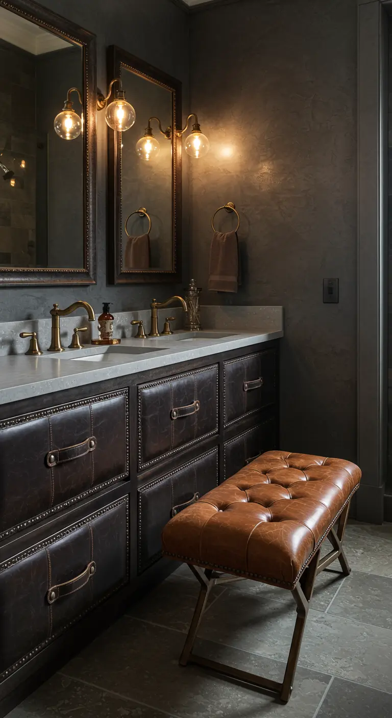 Badkamermeubel met lades bekleed met donkerbruin leer en studs, en een leren poef.
