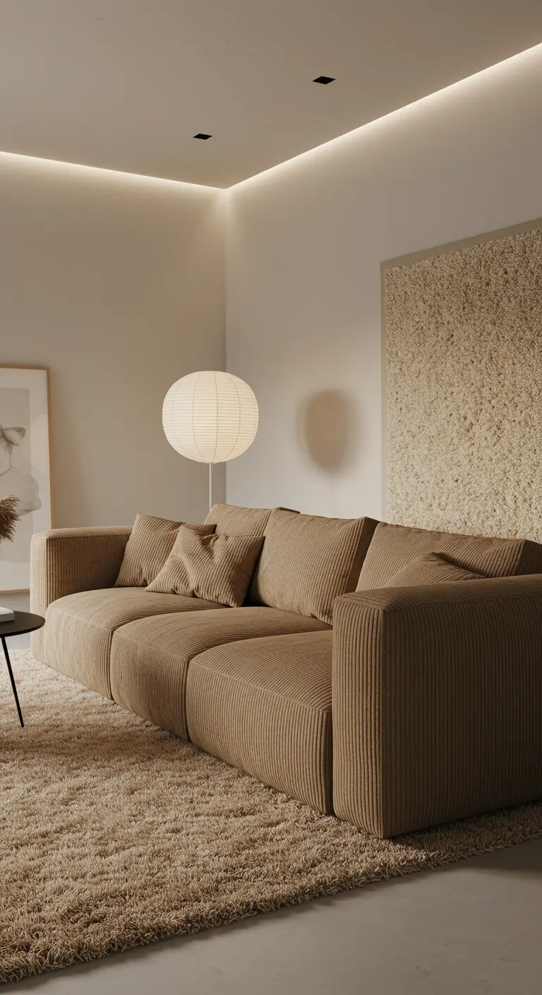 Minimalistische woonkamer met beige corduroy bank en textuurwand.