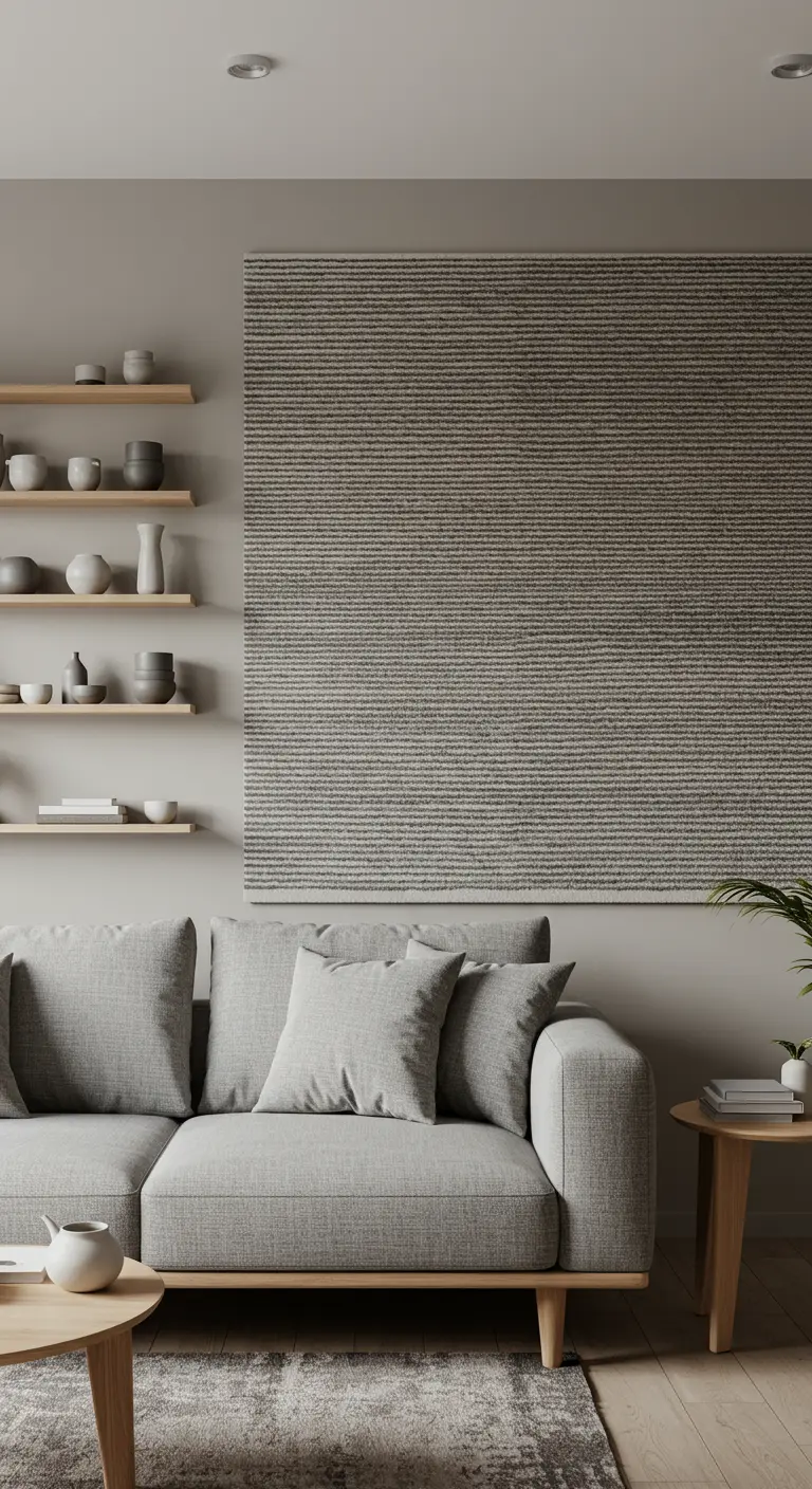 Minimalistische grijze woonkamer met een groot textielkunstwerk met horizontale lijnen.